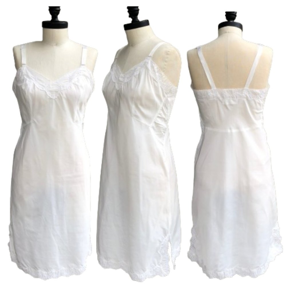 Vintage 50s BARBIZON Contura Tafredda Full Slip Dress Lingerie White Size 15 S/M